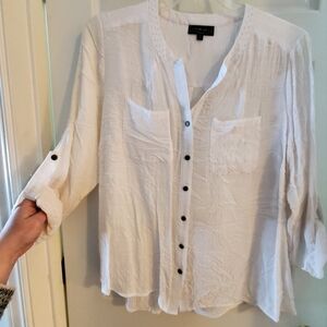 elementz White Relaxed Roll Tab Sleeve Mandarin Collar Blouse Rayon/Polyester